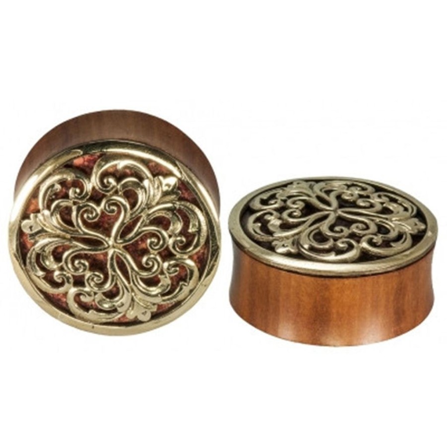 Plugs + Eyelets Buddha Jewelry | Althea Plugs - Brass + Coral Inlay